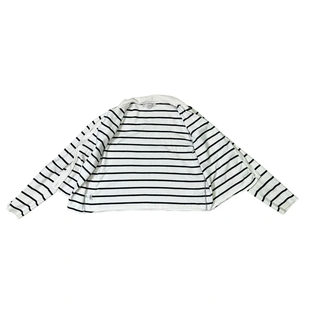 Loft Women’s L Off-White & Navy Striped Collared Knit Cardigan